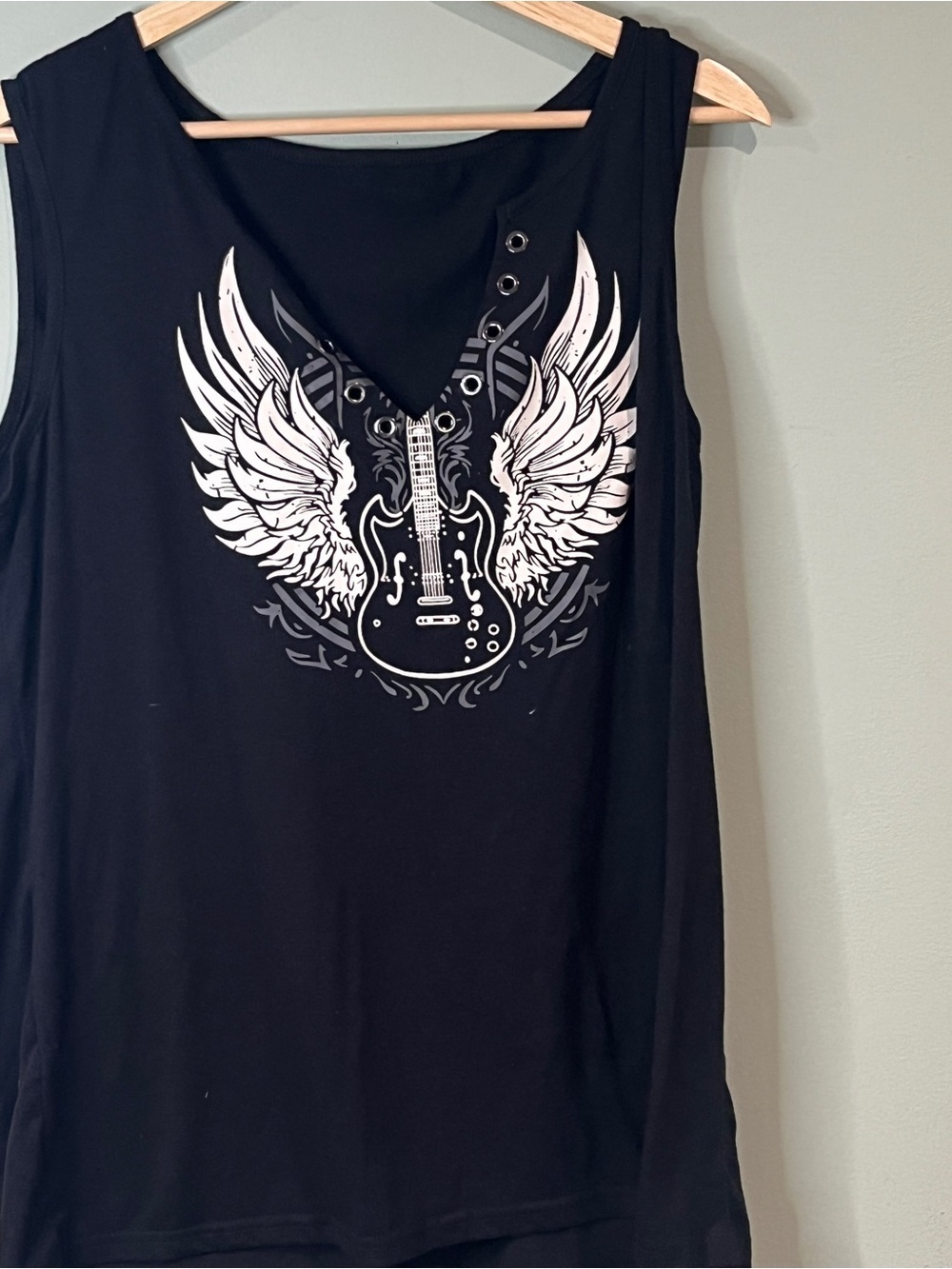Black Sleeveless Graphic Tank Top with Winged Guitar